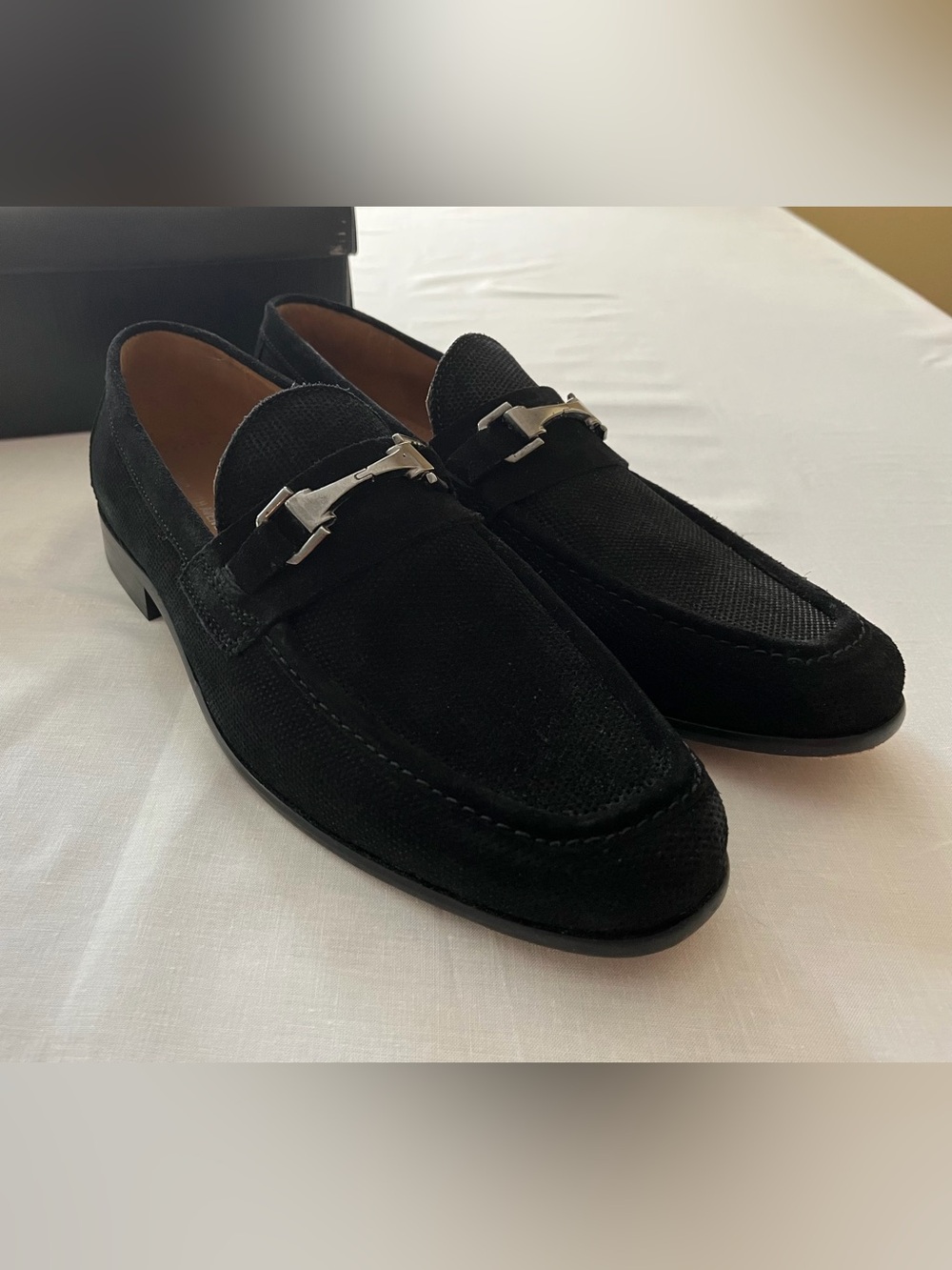 Saks Fifth Avenue Black Suede Loafers with Silver Horsebit